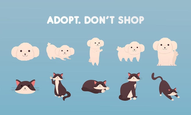 Adopt dont shop lettering with group of dogs and cats illustration