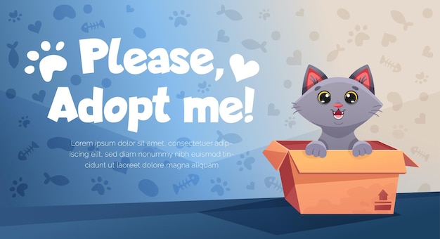 Vector adopt me poster with cute cat in cardboard box colorful vector banner template