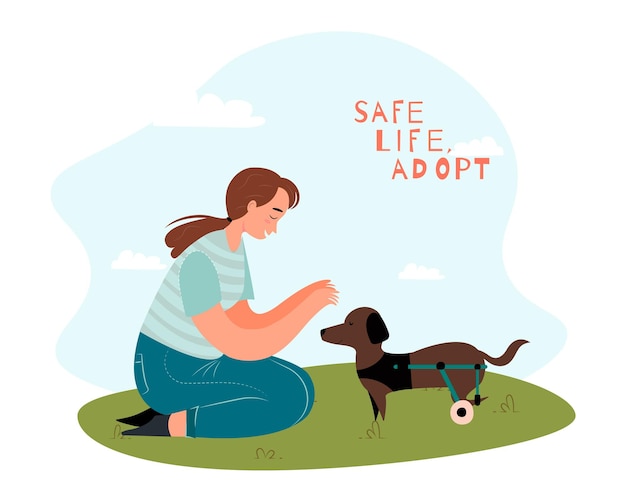 Adopt a pet concept with woman and dog vector illustration