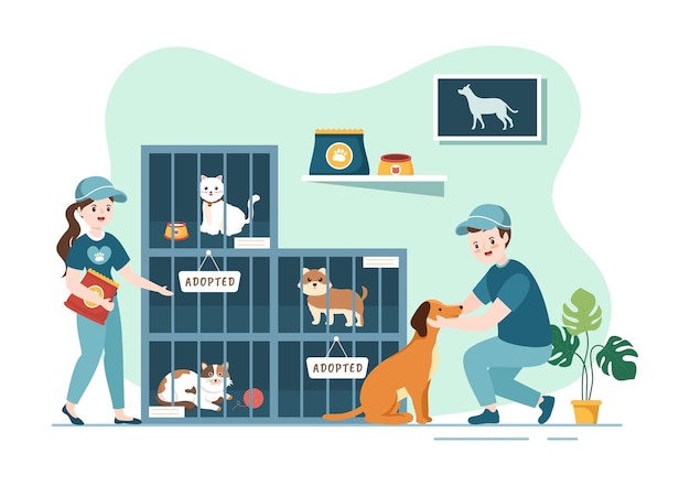 Vector adopt a pet from an animal shelter in the form of cats or dogs to care in flat cartoon illustration