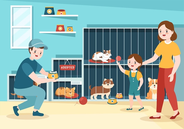 Vector adopt a pet from an animal shelter in the form of cats or dogs to care in flat cartoon illustration