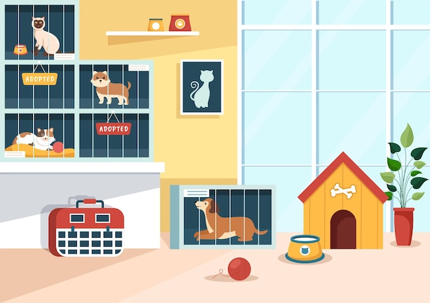 Adopt a Pet From an Animal Shelter in the Form of Cats or Dogs to Care in Flat Cartoon Illustration