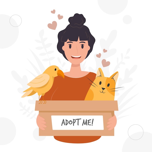 Vector adopteer een huisdier met vrouw en dieren