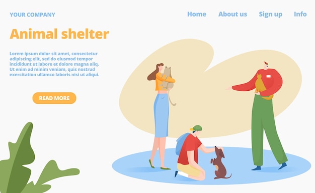 Adoptie bij dierenasiel vector illustratie platte man vrouw karakter houden huisdier webpagina ontwerp concept gelukkige mensen adopteren schattige kat hond