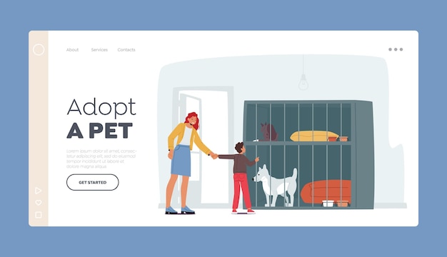 Vector adoption center for stray and homeless dogs landing page template smiling young woman with son adopt pet from shelter