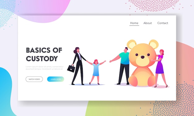 Adoption, custody and childcare landing page template. social worker female character bringing orphan child to new parents with bear gift. man and woman adopt girl. cartoon people vector illustration