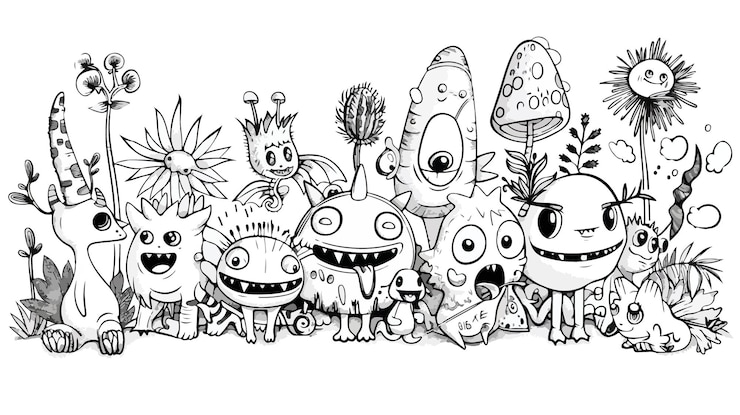 Vector adorabele tuinmonsters kleurblad voor kinderen en volwassenen