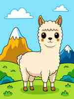 Vector an adorable alpaca stands amidst a serene landscape its fluffy fur contrasting with the verdant fiel