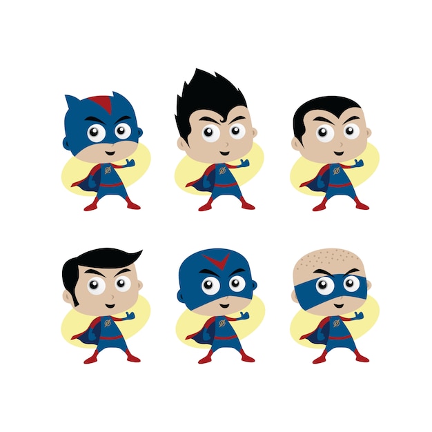 Adorable and amazing cartoon superhero in classic pose set