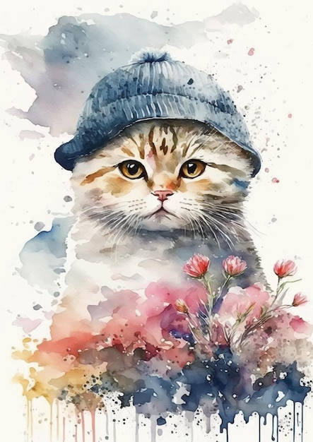 Adorable Angora cat watercolor art