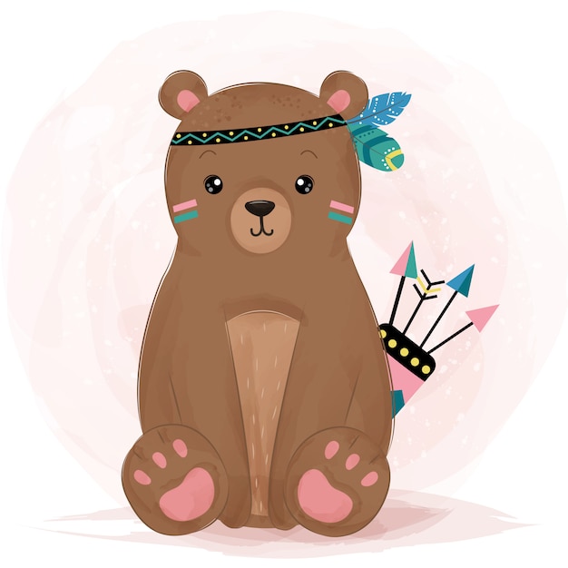 Vettore adorabile orsetto in stile tribale. orso bambino in stile acquerello