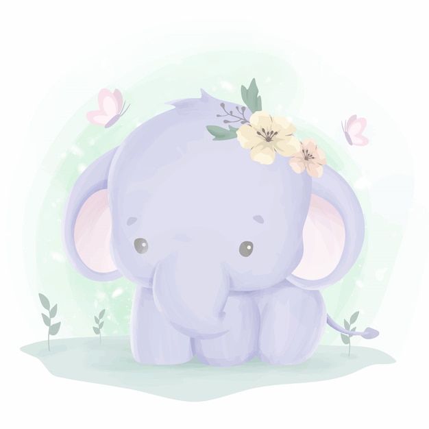 Vector adorable baby elephant playing on the grass