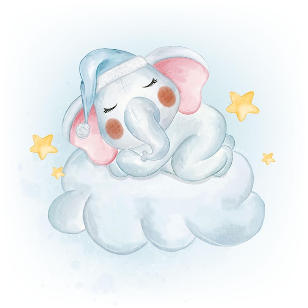 구름 수채화에서 잠자는 사랑스러운 아기 코끼리