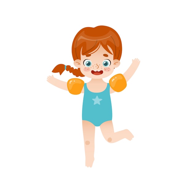Adorable baby girl jumping with inflatable armbands Funny red hair girl on summer vacations
