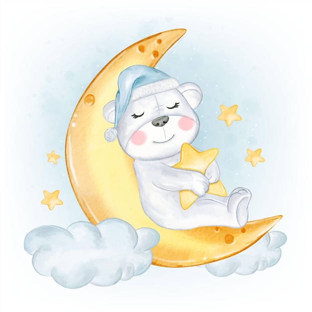 Adorable Baby Koala Sleeping on the Moon Stars Watercolor