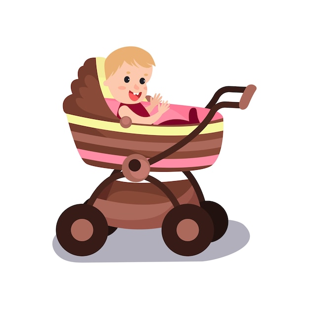 Adorable baby sitting in a modern pram, transporting of small children with comfort cartoon vector illustration isolated on a white background