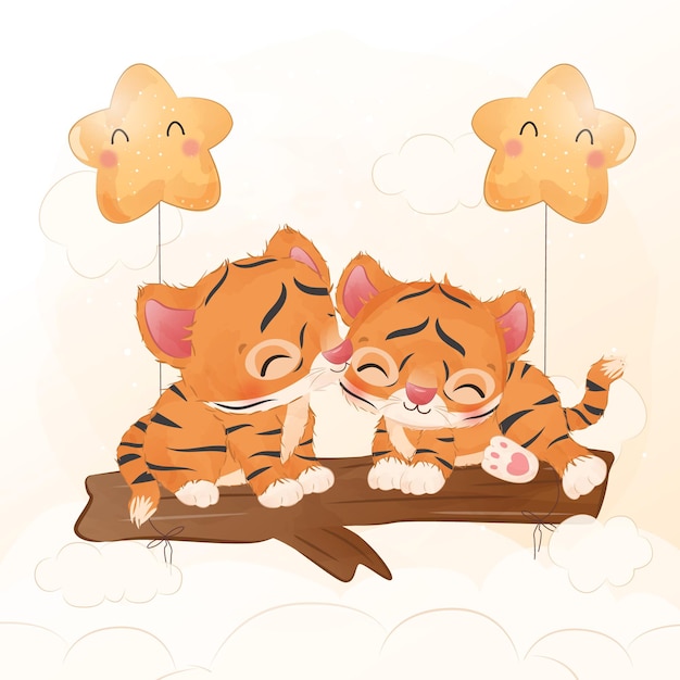 Adorable baby tiger together in watercolor illustration