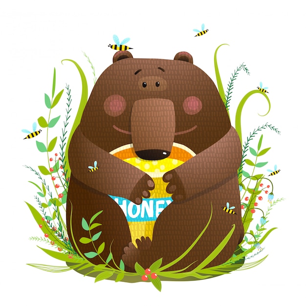 Vector adorable bear cub eating sweet honey