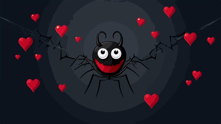 Vector adorable black spider hanging on cobweb string halloween arachnid closeup