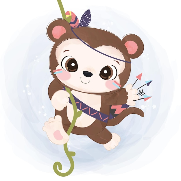 Adorable boho little monkey illustration