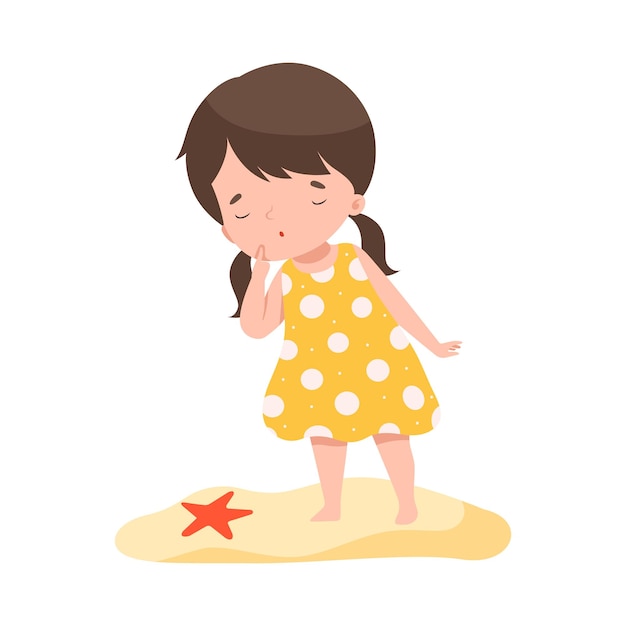 Adorable Brunette Girl Standing on the Beach Looking at Starfish Kids Summer Activities Adorable Child Having Fun on Beach on Holidays Cartoon Vector Illustration