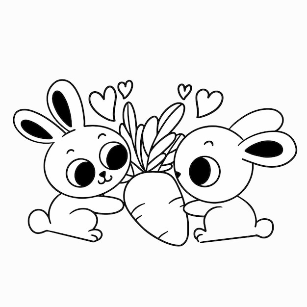 Adorable Bunny Couple Sharing Carrot Coloring Page Doodle Vector Illustration