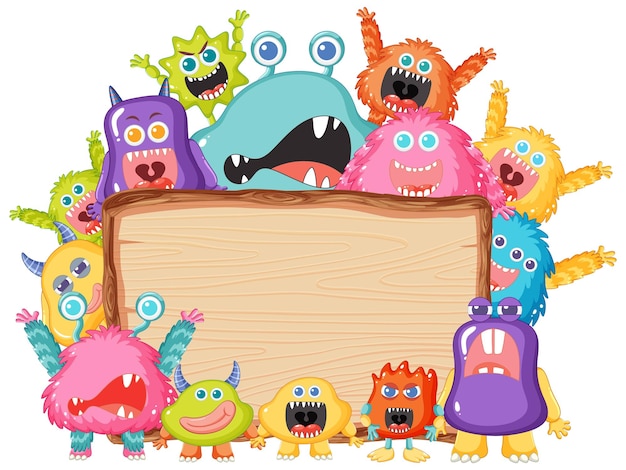 Adorable cartoon aliens on wooden board frame