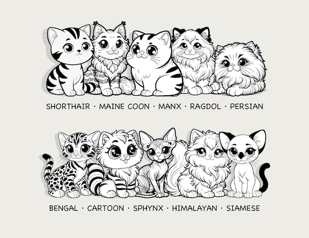 Vector adorable cartoon cat breeds collection in black and white for coloring book perfect for pet lovers designs vector illustration