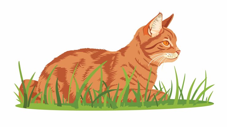Vector adorable cartoon cat near fresh green grass on white surface
