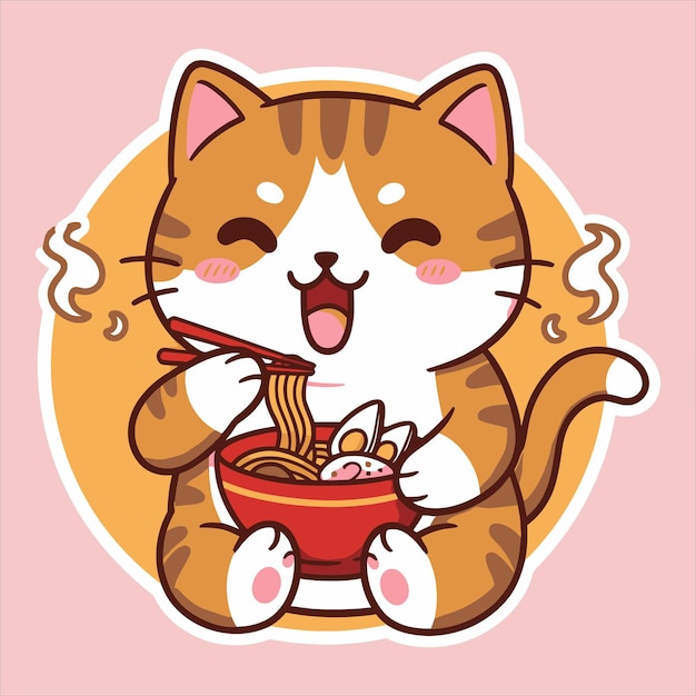 오렌지색 줄무 를 가진 사랑스러운 만화 고양이 가 맛있는 라멘 누들 그 을 즐겁게 먹고 있다