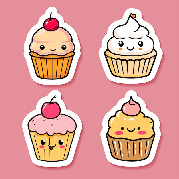 Vector adorable cartoon cupcakes with smiling faces