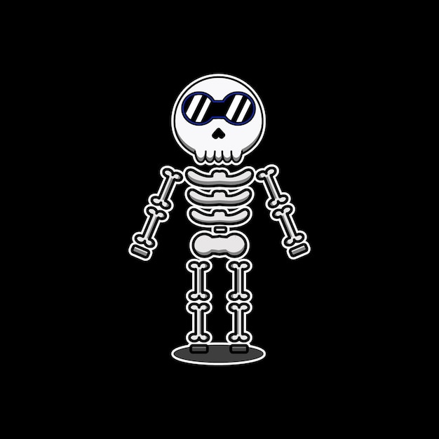 Vector adorable cartoon skeleton character wearing white sunglasses on black background fun and unique
