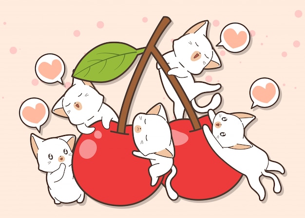 Adorable cat characters and cherry