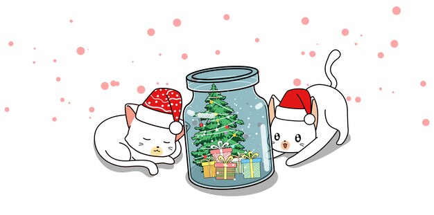 愛らしい猫のキャラクターと瓶の中のクリスマスの日