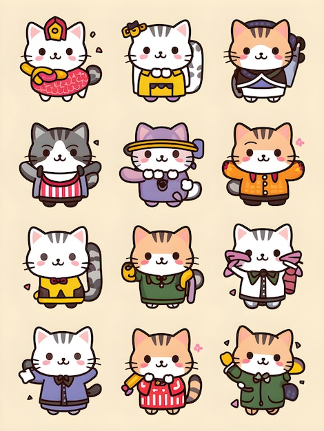 Adorable Cat Digitale Stickers Set van 9 Clipart afbeeldingen