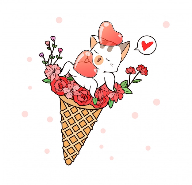 Adorable cat and hearts inside floral ice cream cone for happy time