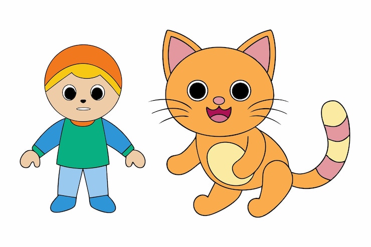 Vector 可愛い猫が子供と遊んでいる 漫画クリパート ベクトルイラスト プリントレディデザイン
