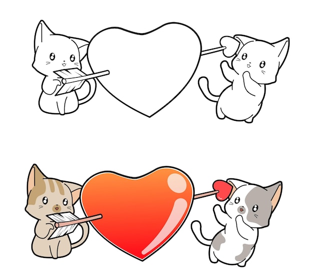 Adorable cats and heart cartoon coloring page