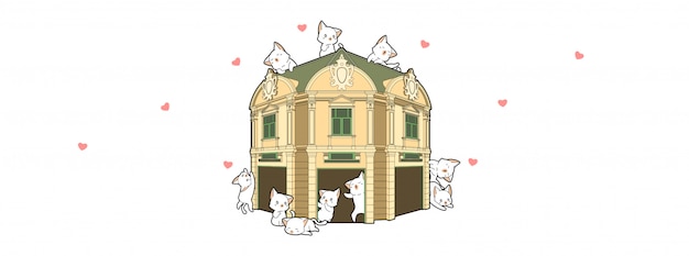 Vector adorable cats with historic building