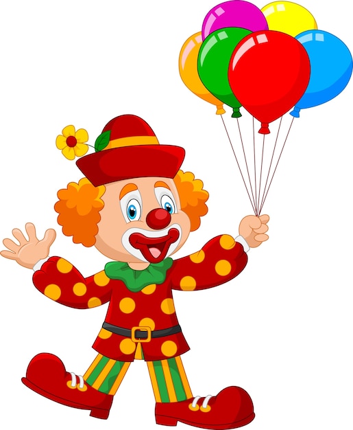 Adorable clown holding colorful balloo