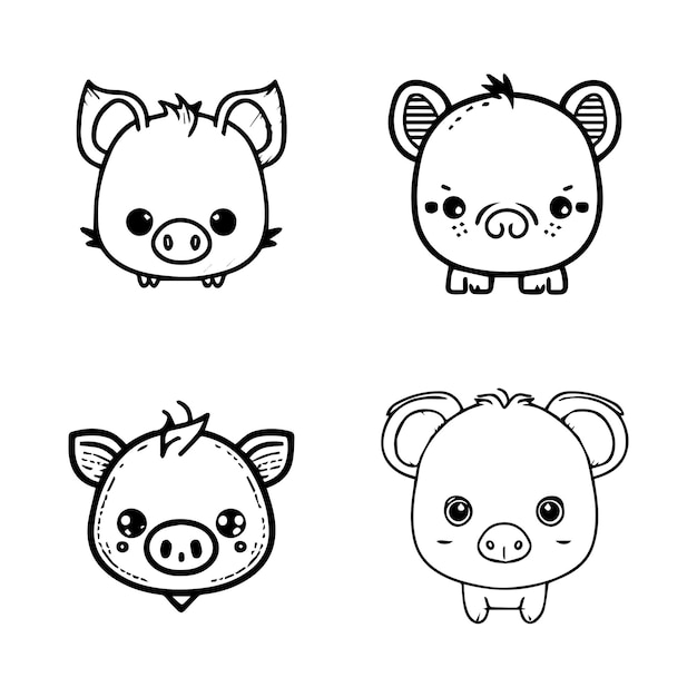 adorable collection set features cute kawaii pig heads in Hand drawn line art illustration
