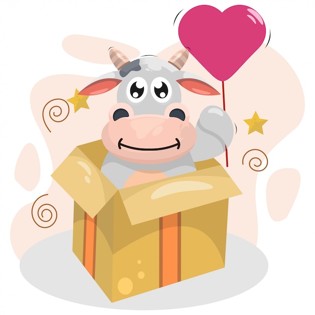 Adorable cow with balloon and box cartoon vector