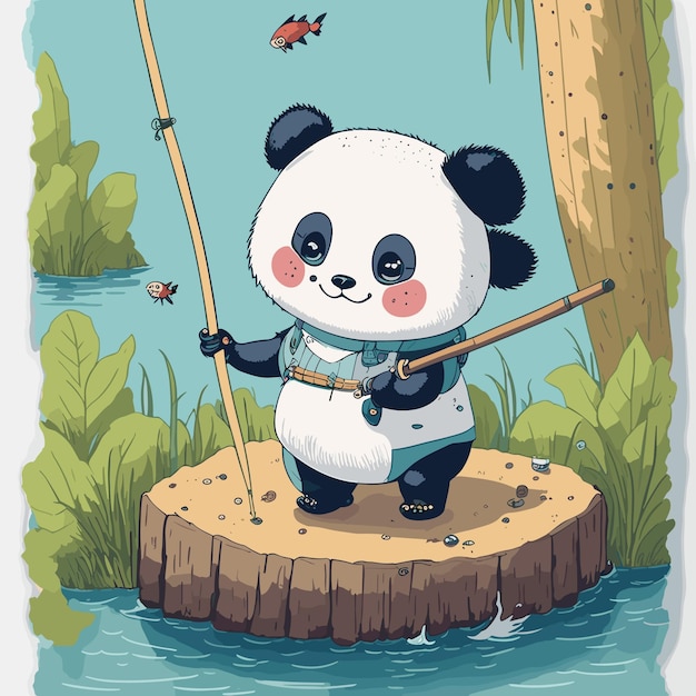 An adorable cute baby Japanesestyle panda bear character is fishing