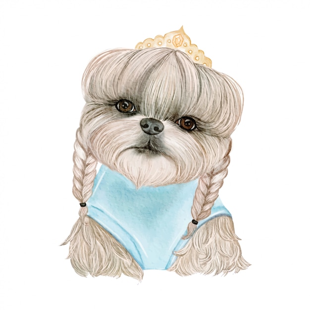 Adorable cute dog with hair on braids and crowns watercolor illustration