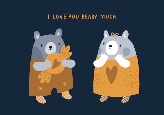 Adorable cute teddy bears with hearts. valentine, birthday illustration