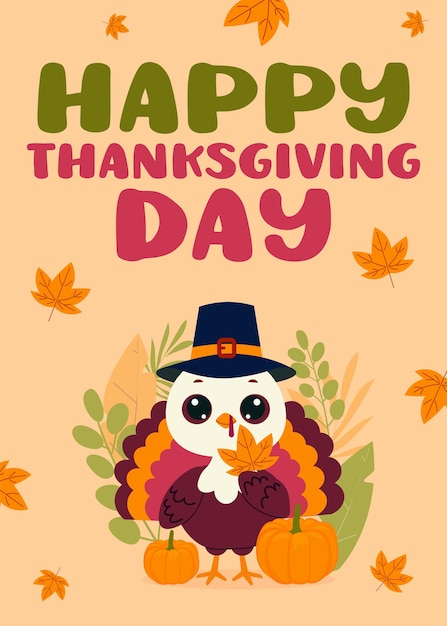 adorable and cute thanksgiving turkey surrounded by colorful pumpkins and lovely autumn leaves vector banner and flyer