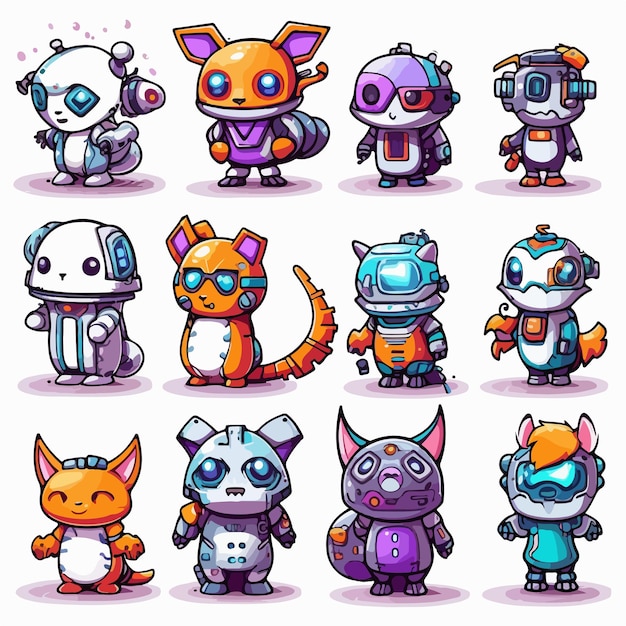 Vector adorable cyberpunk animals clipart icons set