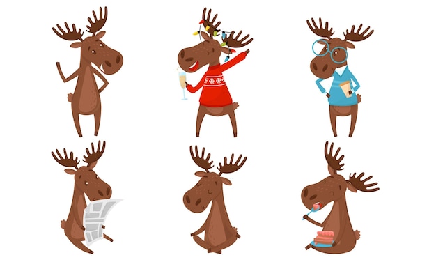 Vector adorable deer cartoon character engaged in different activities vector set cheerful animal singing and reading newspaper eating cake and drinking coffee concepts