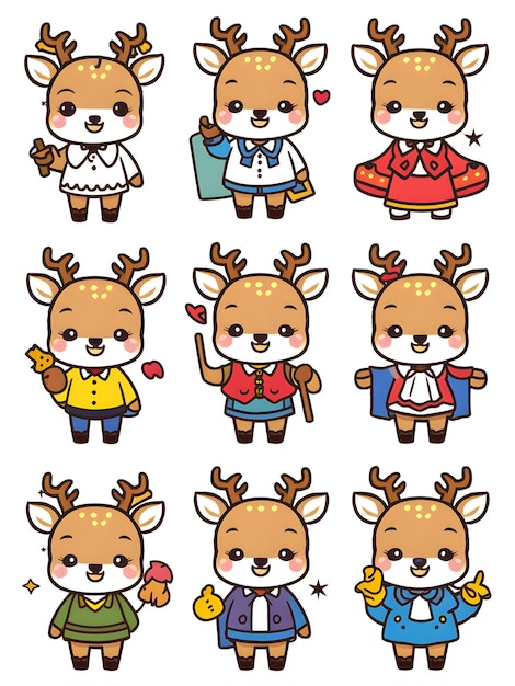Vector adorable deer digitale stickers set van 9 clipart afbeeldingen