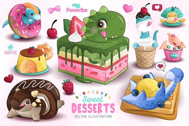 Vector adorable dinosaurs desserts collection with watercolor illustration